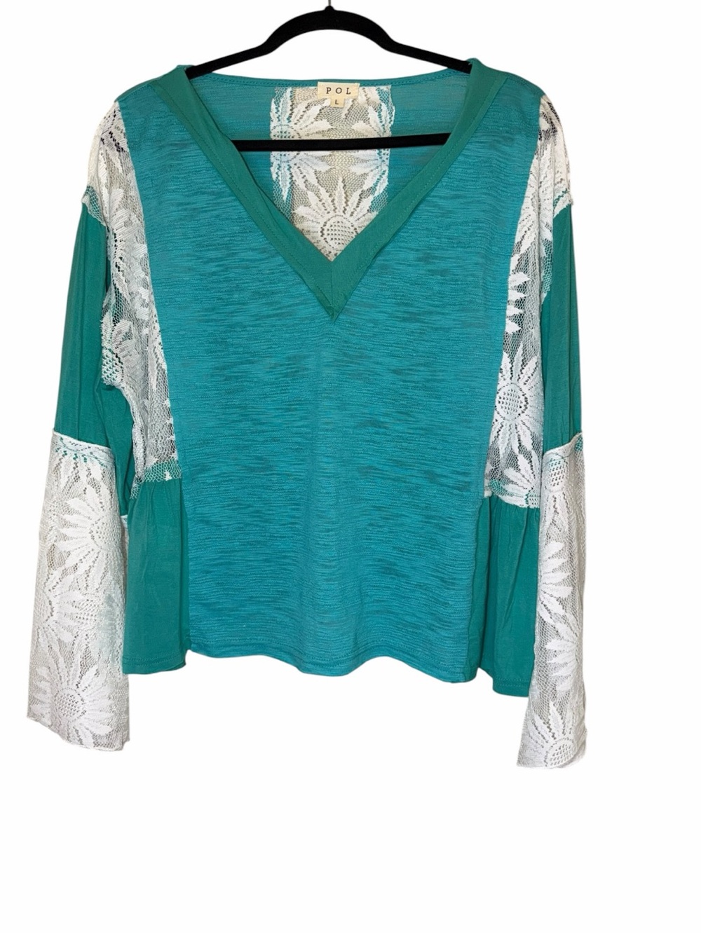 POL Teal V-Neck Lace Sleeve Top NWOT